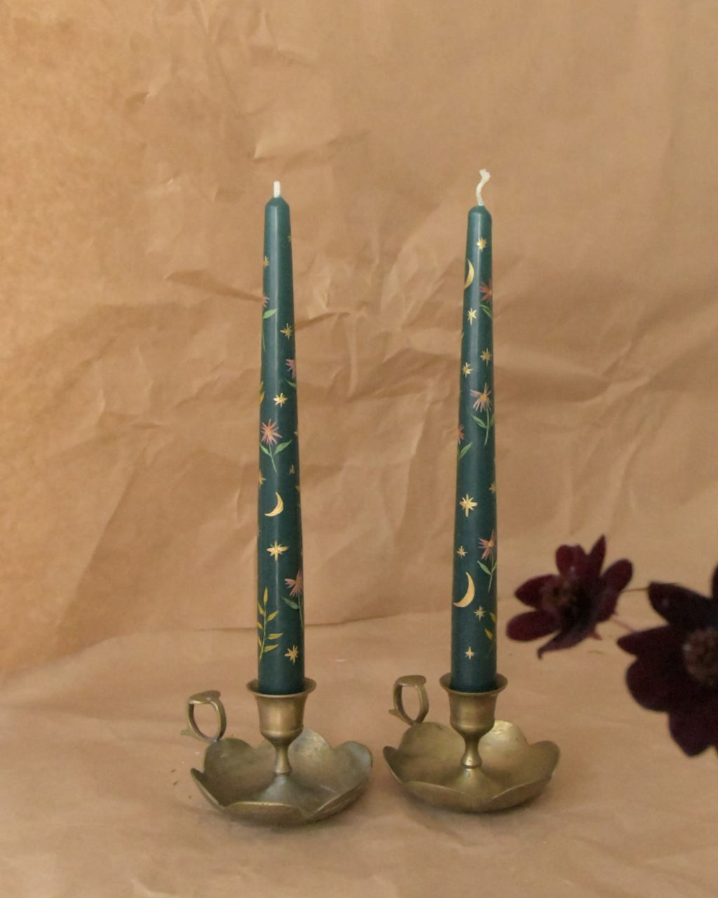 green celestial hand painted candles