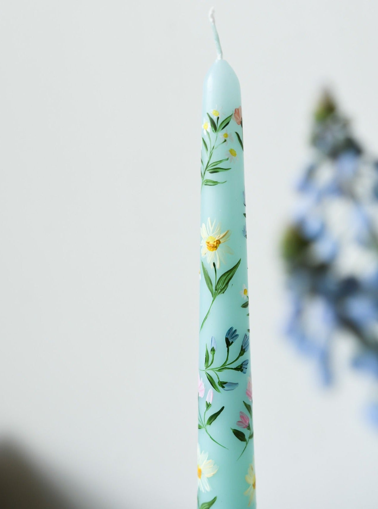 hand painted blue green floral candle 