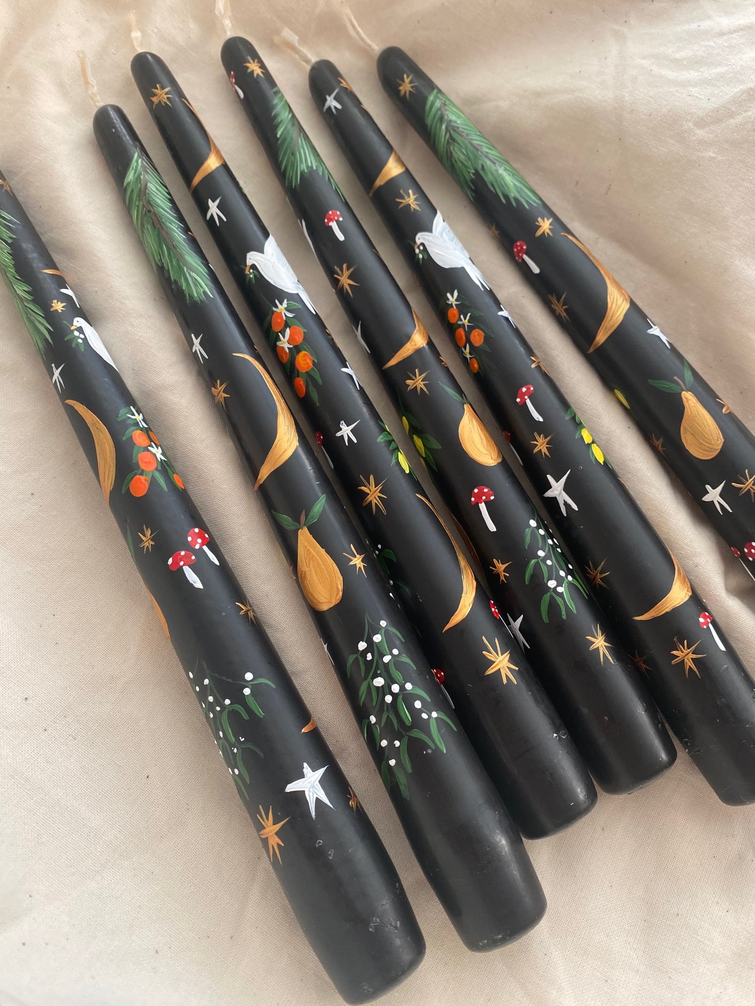 ORNA Hand Painted Black Christmas Trinket Taper Dinner Candle