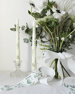 hand painted bespoke ivory wedding candles and hand painted ribbon